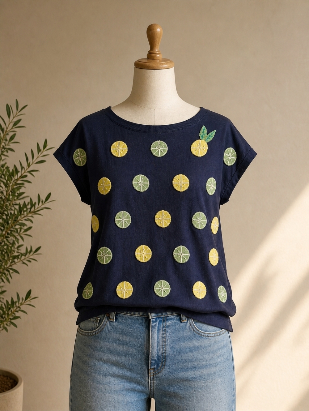 Tablots Navy Citrus Lemon Lime Print Dolman Sleeve Knit Top Relaxed Fit!